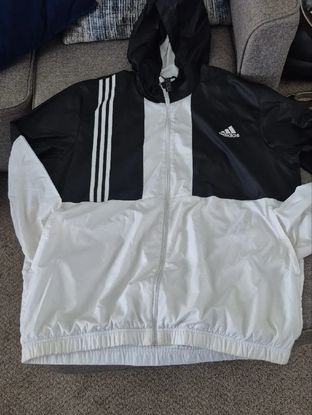 adidas Black and White Hooded Windbreaker with Three-Stripes